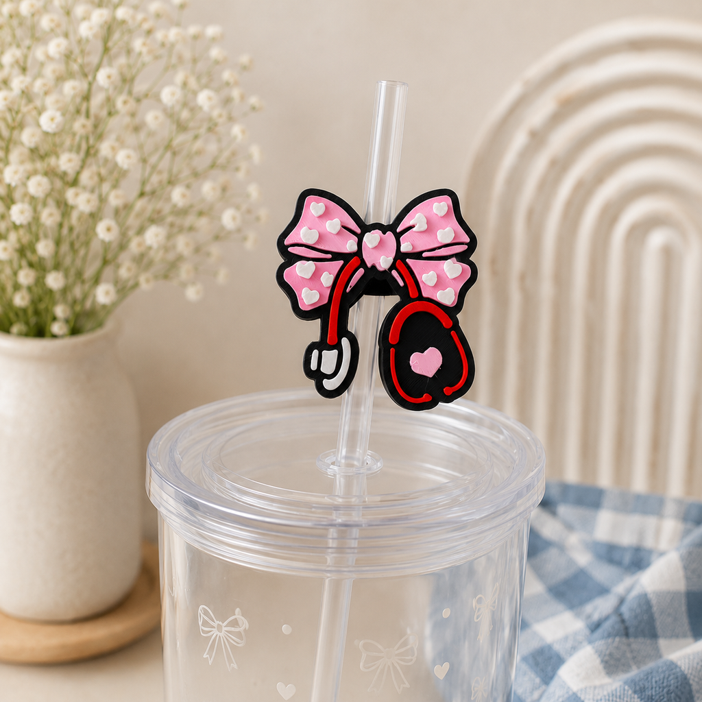 🎀 Pink Bow Stethoscope Straw Topper