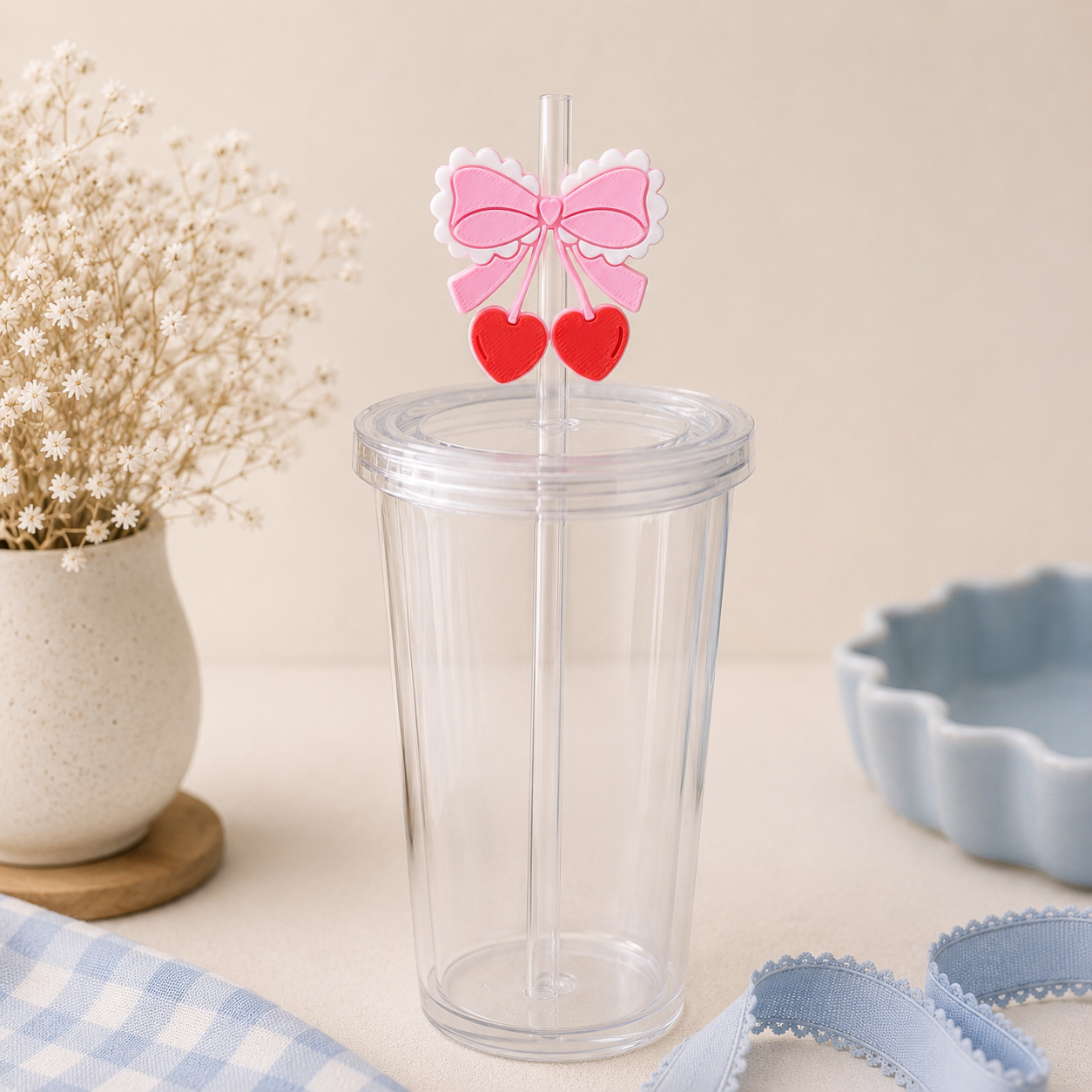Coquette Cherry Bow Straw Topper | 3D Printed Cup Accessory 🎀🍒